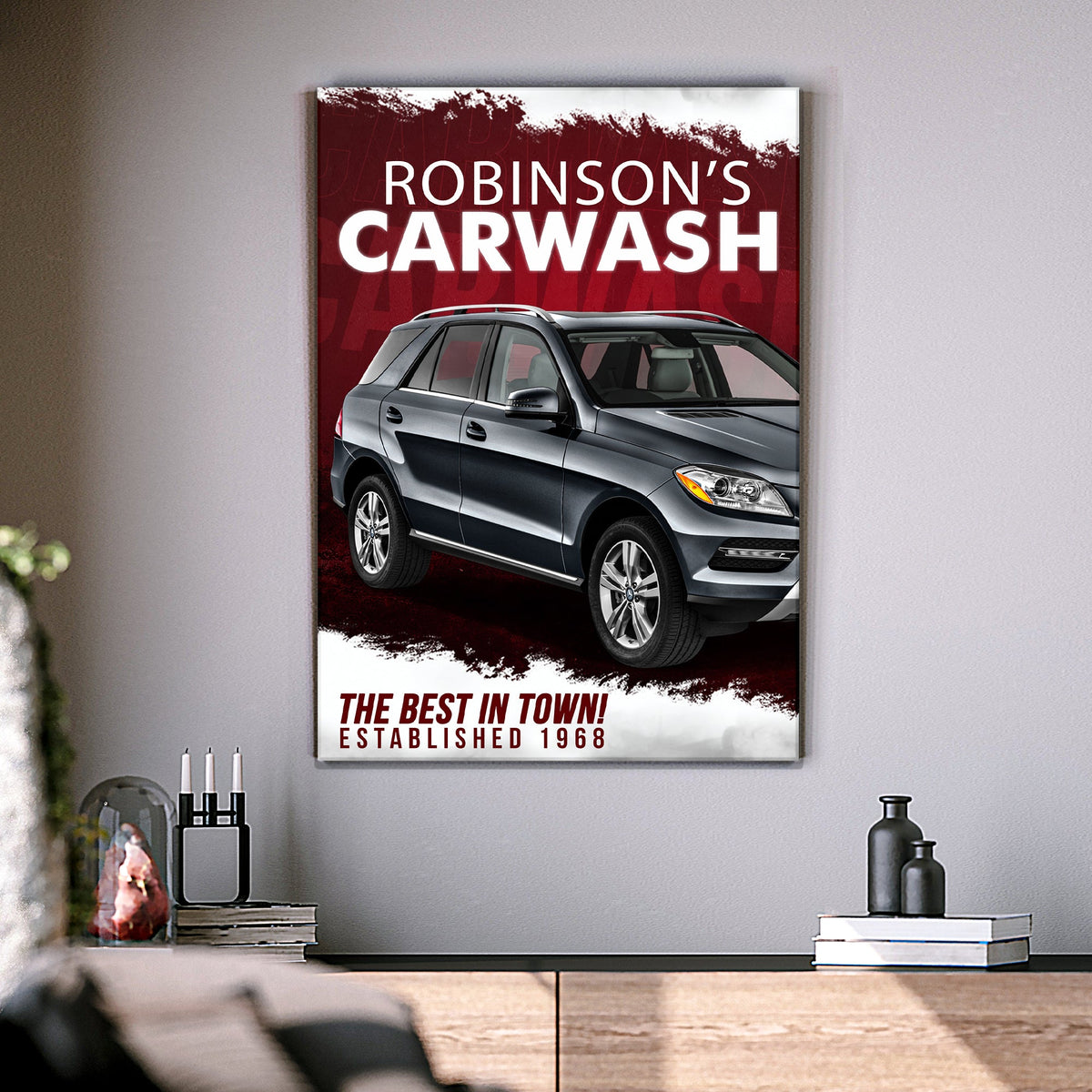 Car Wash Sign II canvas by Tailored Canvases with red backdrop, white text and a silver SUV on Tampa Home & Garden Store