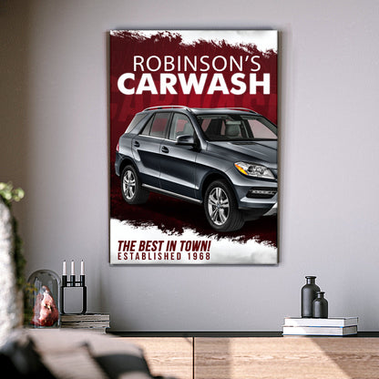 Car Wash Sign II canvas by Tailored Canvases with red backdrop, white text and a silver SUV on Tampa Home & Garden Store