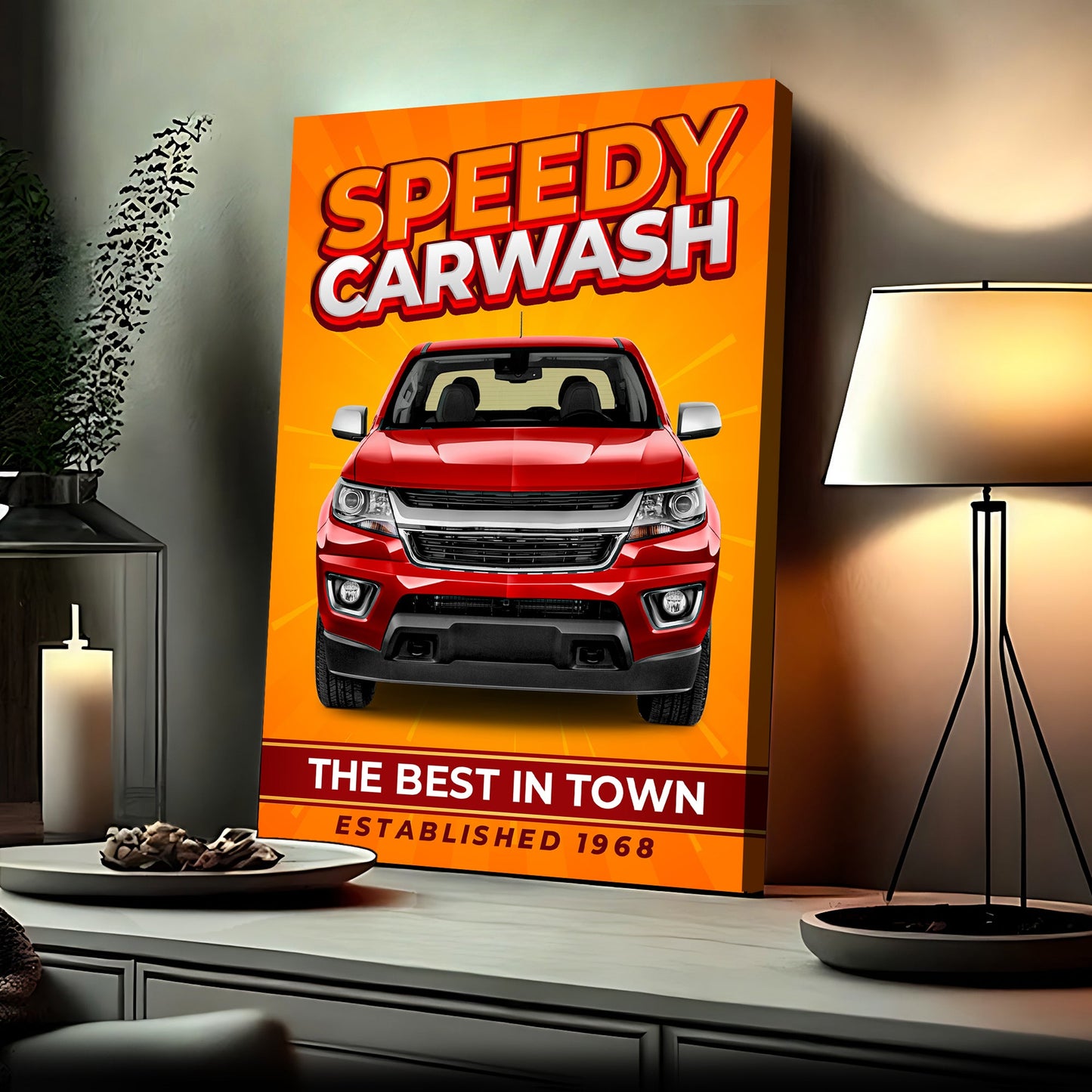 Car Wash Sign V canvas Tailored Canvases; orange backdrop with red car on Tampa Home & Garden Store