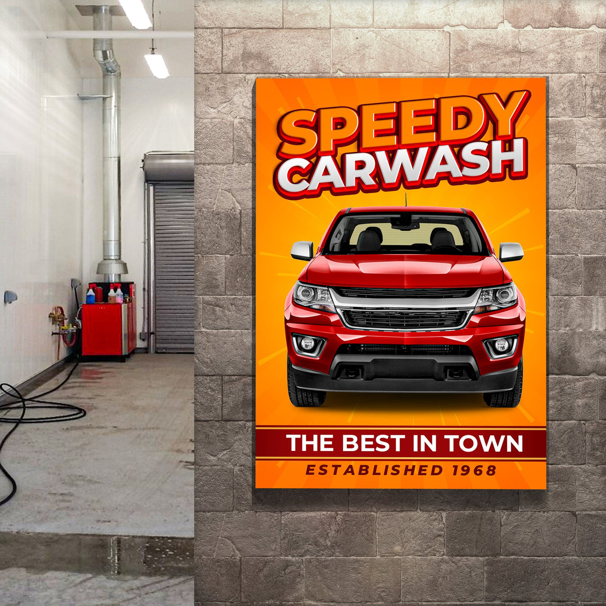 Car Wash Sign V canvas by Tailored Canvases, bright orange sign with Speedy Carwash graphic on Tampa Home & Garden Store