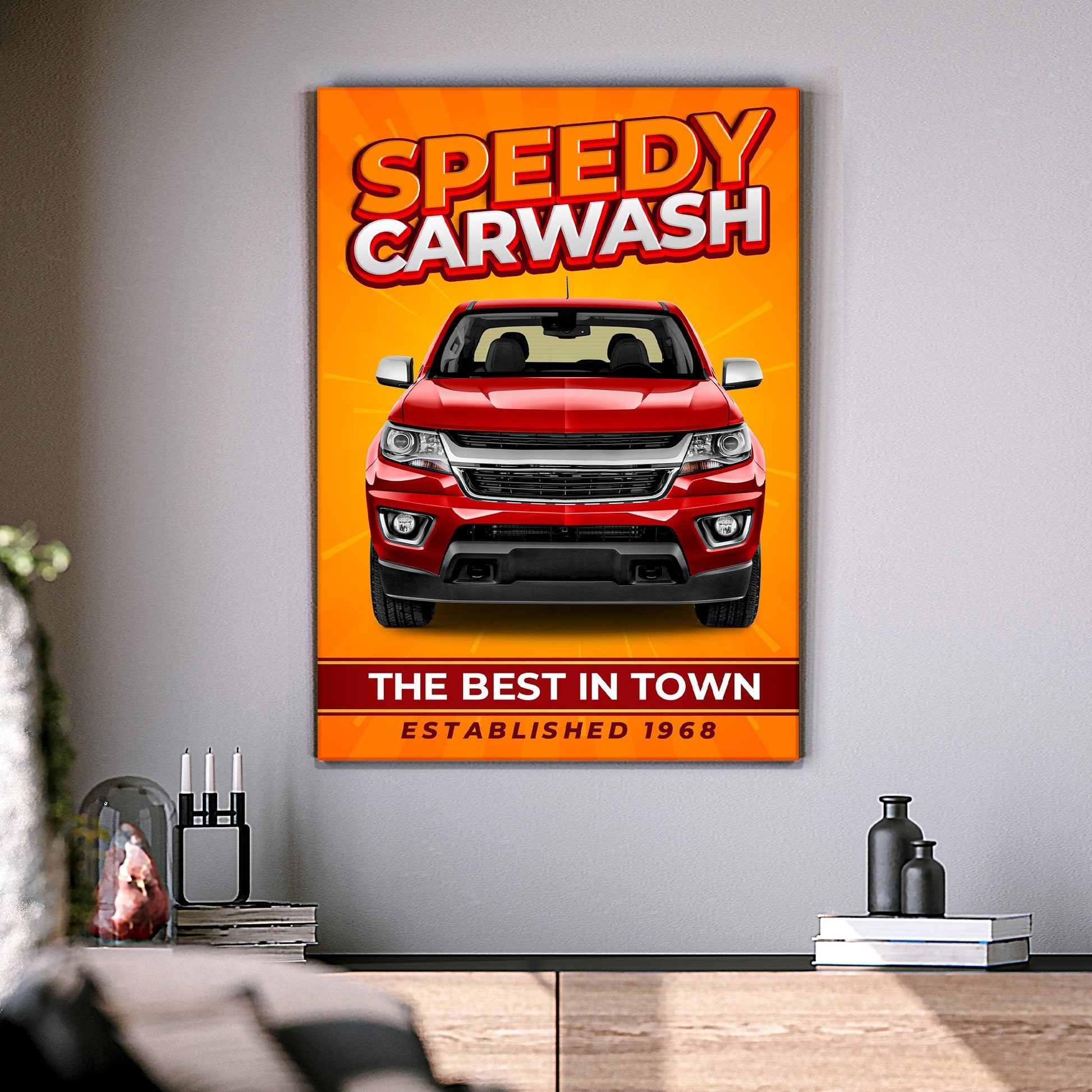 Car Wash Sign V canvas by Tailored Canvases; orange background, SPEEDY CARWASH, red SUV on Tampa Home & Garden Store