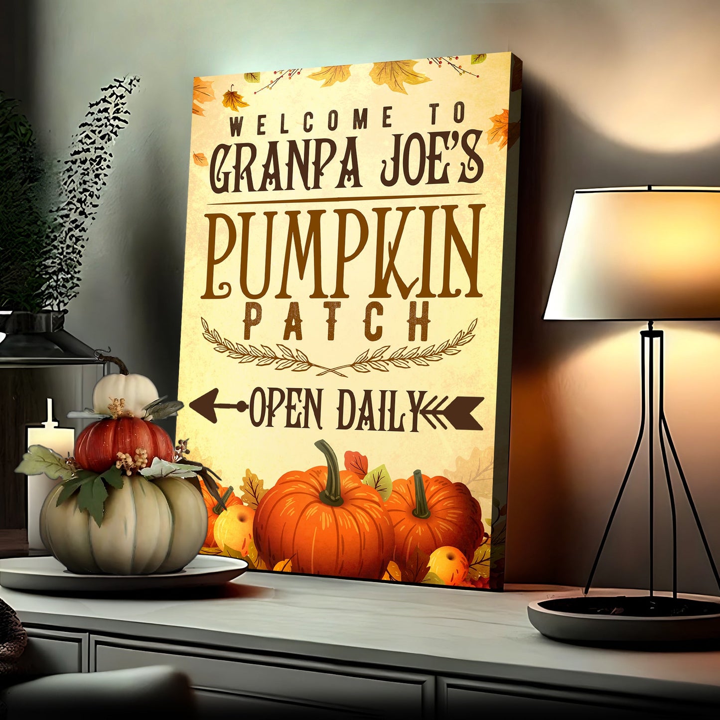 Pumpkin Patch Open Daily Sign canvas with bold brown typography and autumn pumpkins on Tampa Home & Garden Store
