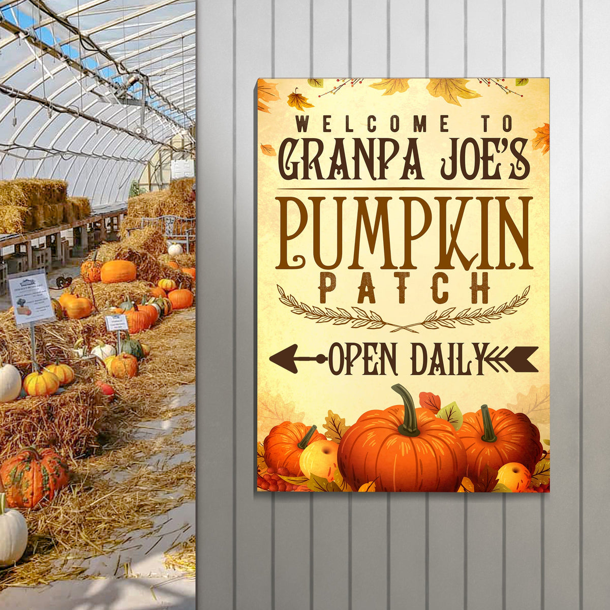 Pumpkin Patch Open Daily Sign canvas by Tailored Canvases with autumn pumpkin motif on Tampa Home & Garden Store