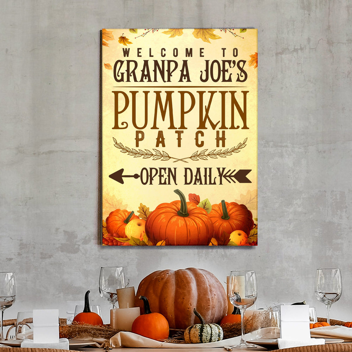 Pumpkin Patch Open Daily Sign canvas by Tailored Canvases with autumn pumpkin motif on Tampa Home & Garden Store