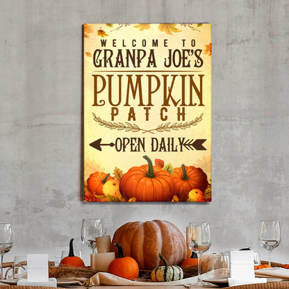 Pumpkin Patch Open Daily Sign canvas by Tailored Canvases with autumn pumpkin motif on Tampa Home & Garden Store