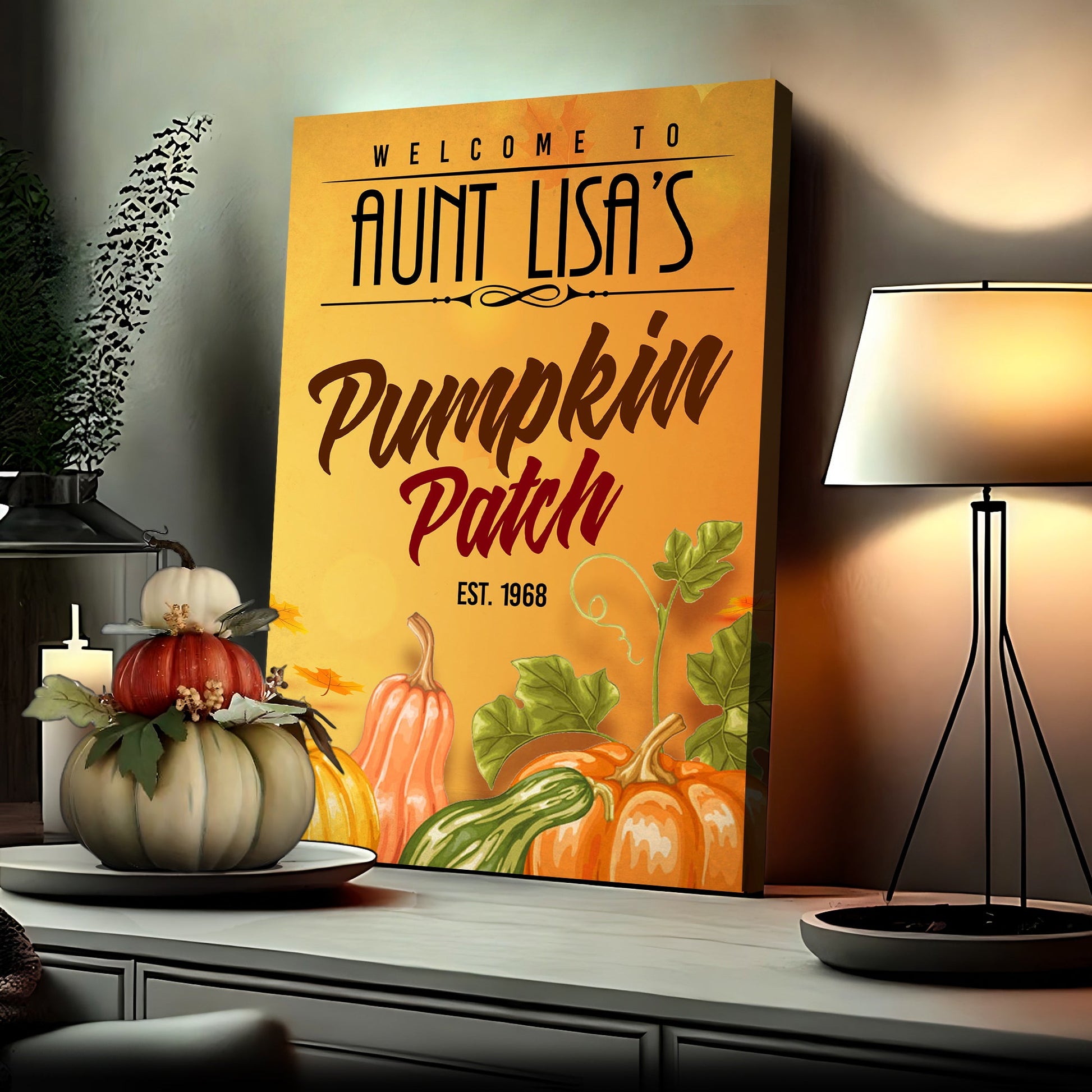 Pumpkin Patch Sign VII canvas by Tailored Canvases, autumn orange with pumpkin motif on Tampa Home & Garden Store