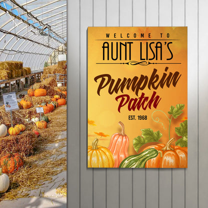 Pumpkin Patch Sign VII Canvas by Tailored Canvases; orange autumn canvas with pumpkin motifs on Tampa Home & Garden Store