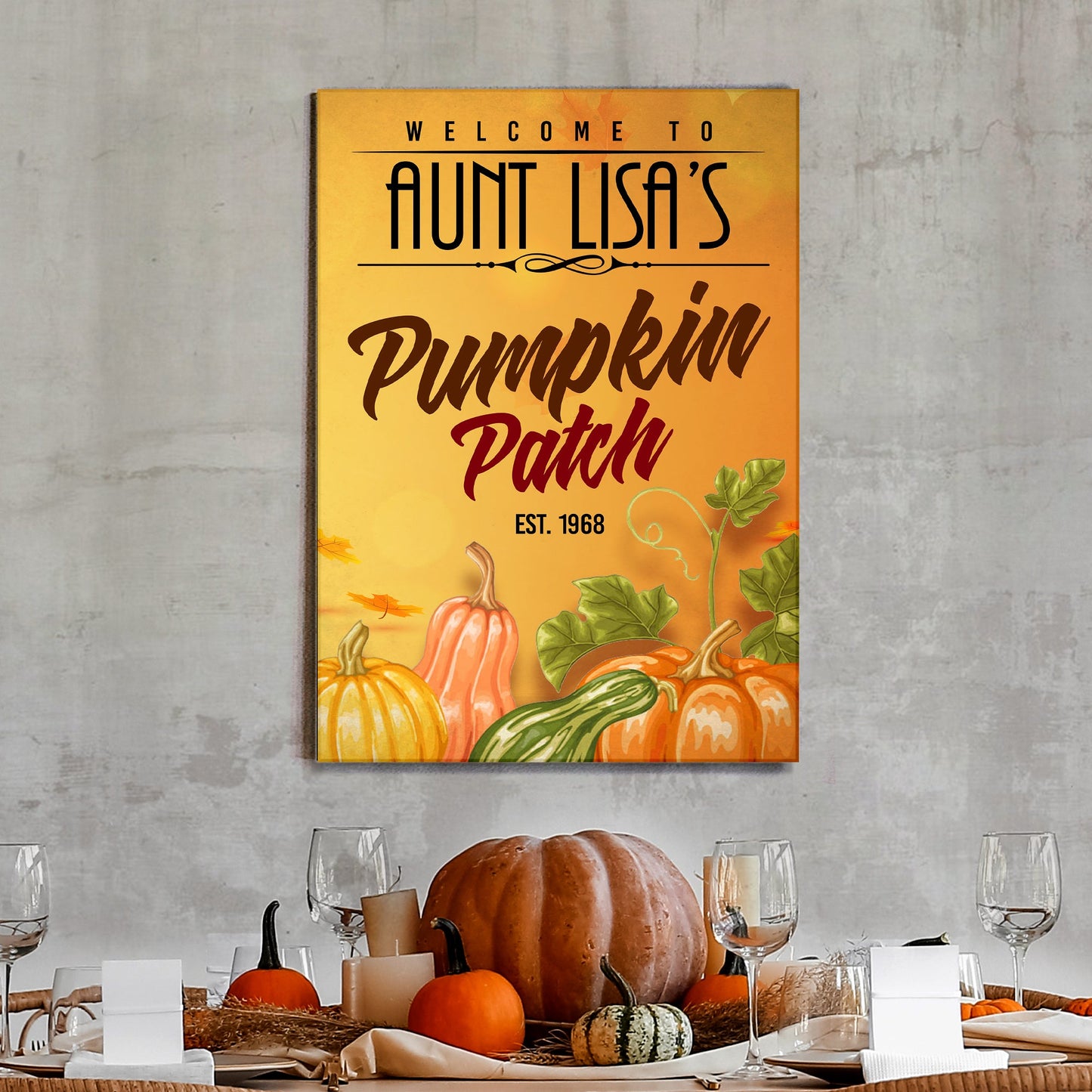 Pumpkin Patch Sign VII canvas by Tailored Canvases, orange with pumpkin illustrations on Tampa Home & Garden Store