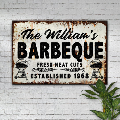 BBQ Sign IV canvas by Tailored Canvases; rusted vintage sign with BARBECUE text on brick wall on Tampa Home & Garden Store
