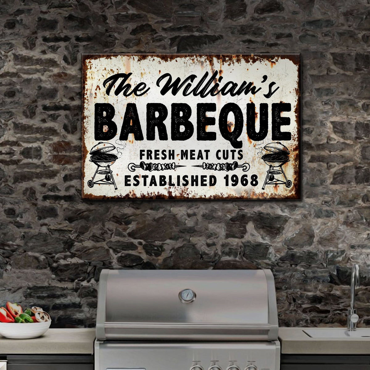 BBQ Sign IV canvas wall art by Tailored Canvases, vintage rusted sign BARBECUE beside grill on Tampa Home & Garden Store