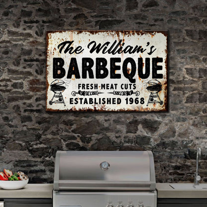BBQ Sign IV canvas wall art by Tailored Canvases, vintage rusted sign BARBECUE beside grill on Tampa Home & Garden Store
