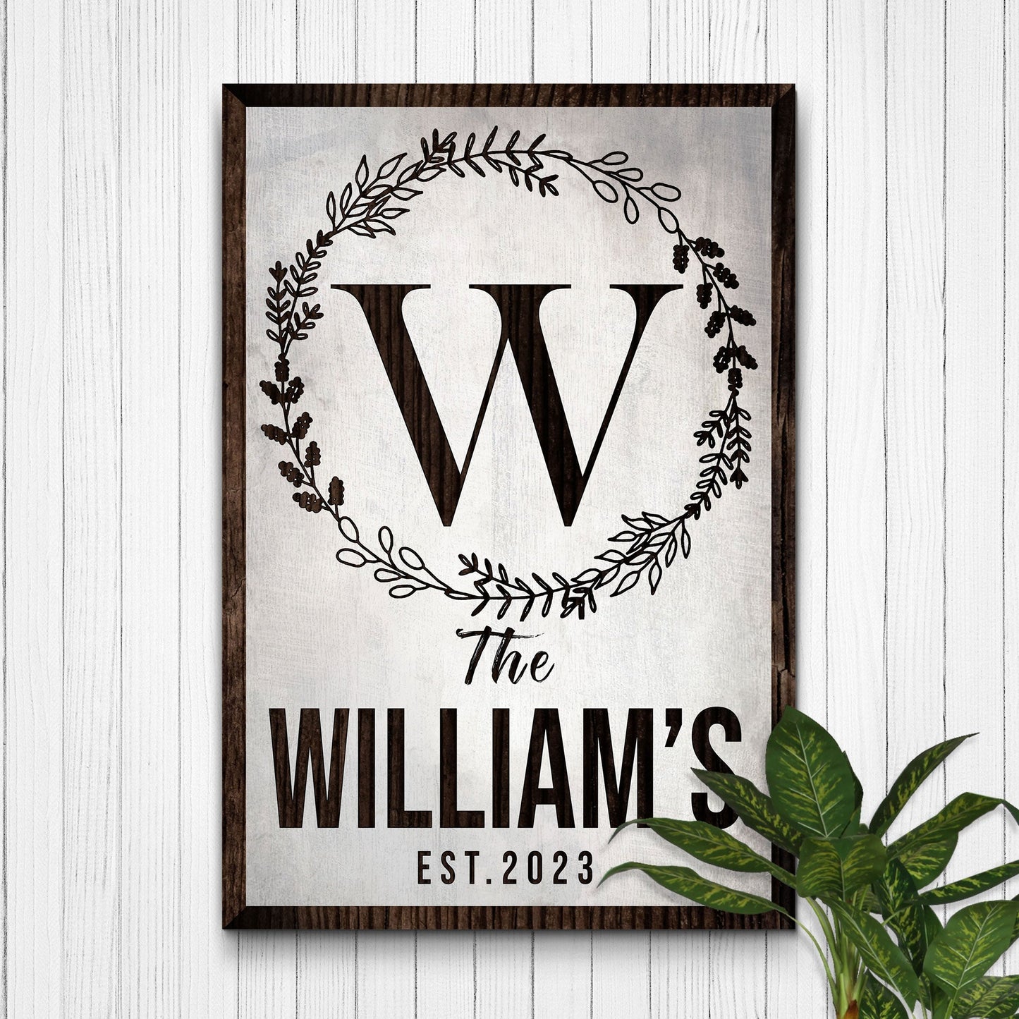 Canvas Established Last Name Sign IV framed in dark wood with wreath and bold WILLIAMS EST.2023 on Tampa Home & Garden Store