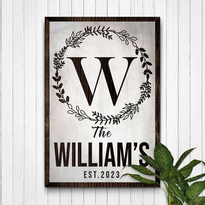 Canvas Established Last Name Sign IV framed in dark wood with wreath and bold WILLIAMS EST.2023 on Tampa Home & Garden Store