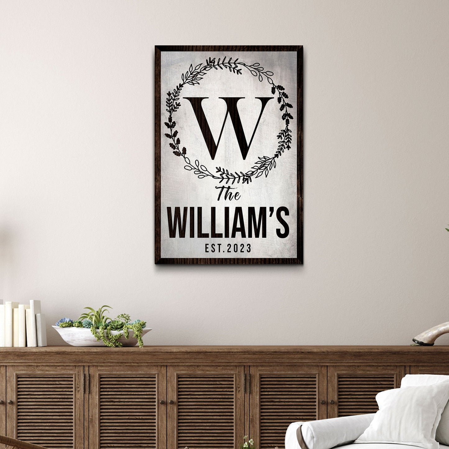 Canvas Established Last Name Sign IV by Tailored Canvases, bold W within leafy wreath on Tampa Home & Garden Store