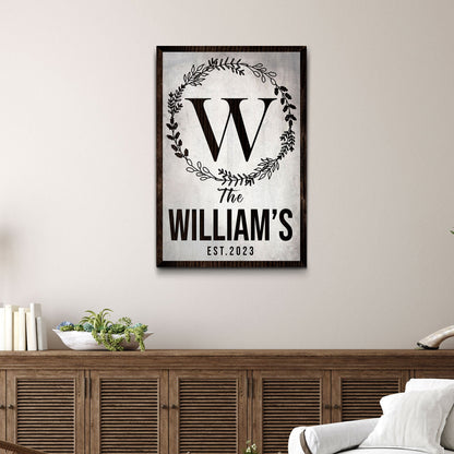 Canvas Established Last Name Sign IV by Tailored Canvases, bold W within leafy wreath on Tampa Home & Garden Store