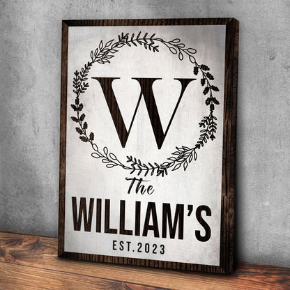Established Last Name Sign IV canvas framed in dark wood with wreath border and bold WILLIAMS EST. 2023 on Tampa Home & Garden Store