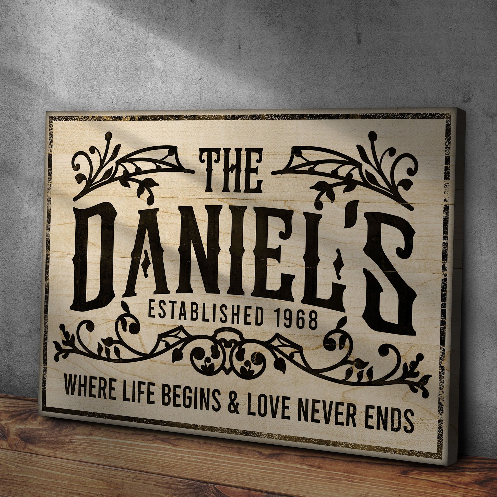 Established Last Name Sign V canvas by Tailored Canvases with black ornate lettering on Tampa Home & Garden Store