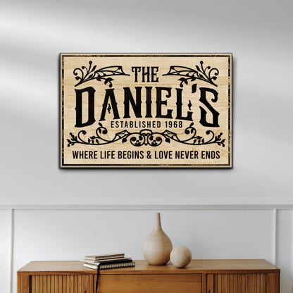 Canvas sign The Daniels Established 1968 rustic wood plaque with ornate black typography on Tampa Home & Garden Store