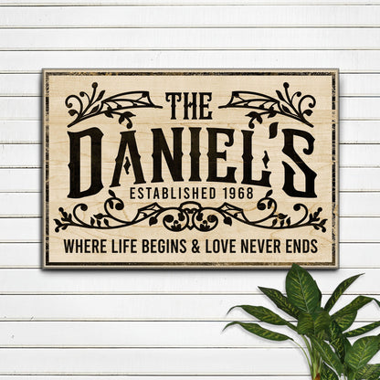 Canvas Established Last Name Sign V with ornate black lettering and decorative vines on Tampa Home & Garden Store