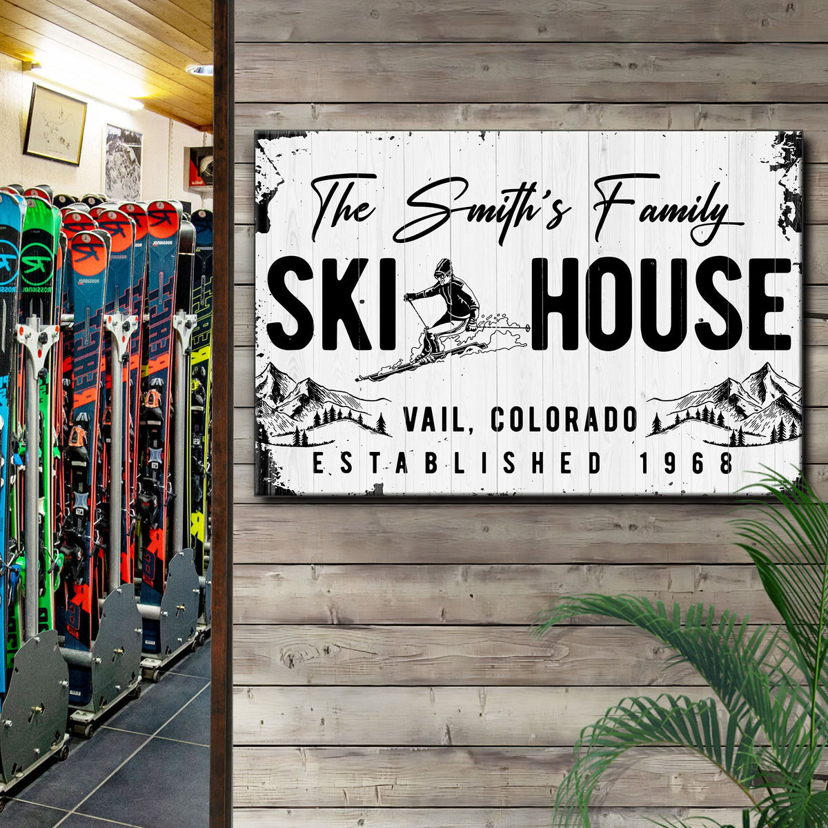 Tailored Canvases Ski House Sign canvas with rustic white planks and skier on wall display on Tampa Home & Garden Store
