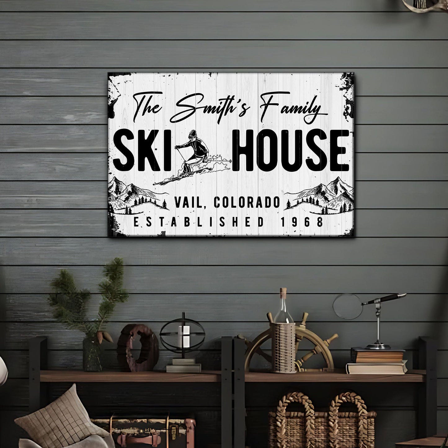 Ski House Sign canvas by Tailored Canvases; rustic white wood panel with skier graphic on Tampa Home & Garden Store