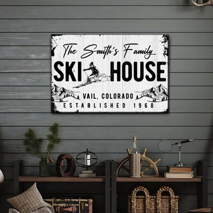 Ski House Sign canvas by Tailored Canvases; rustic white wood panel with skier graphic on Tampa Home & Garden Store