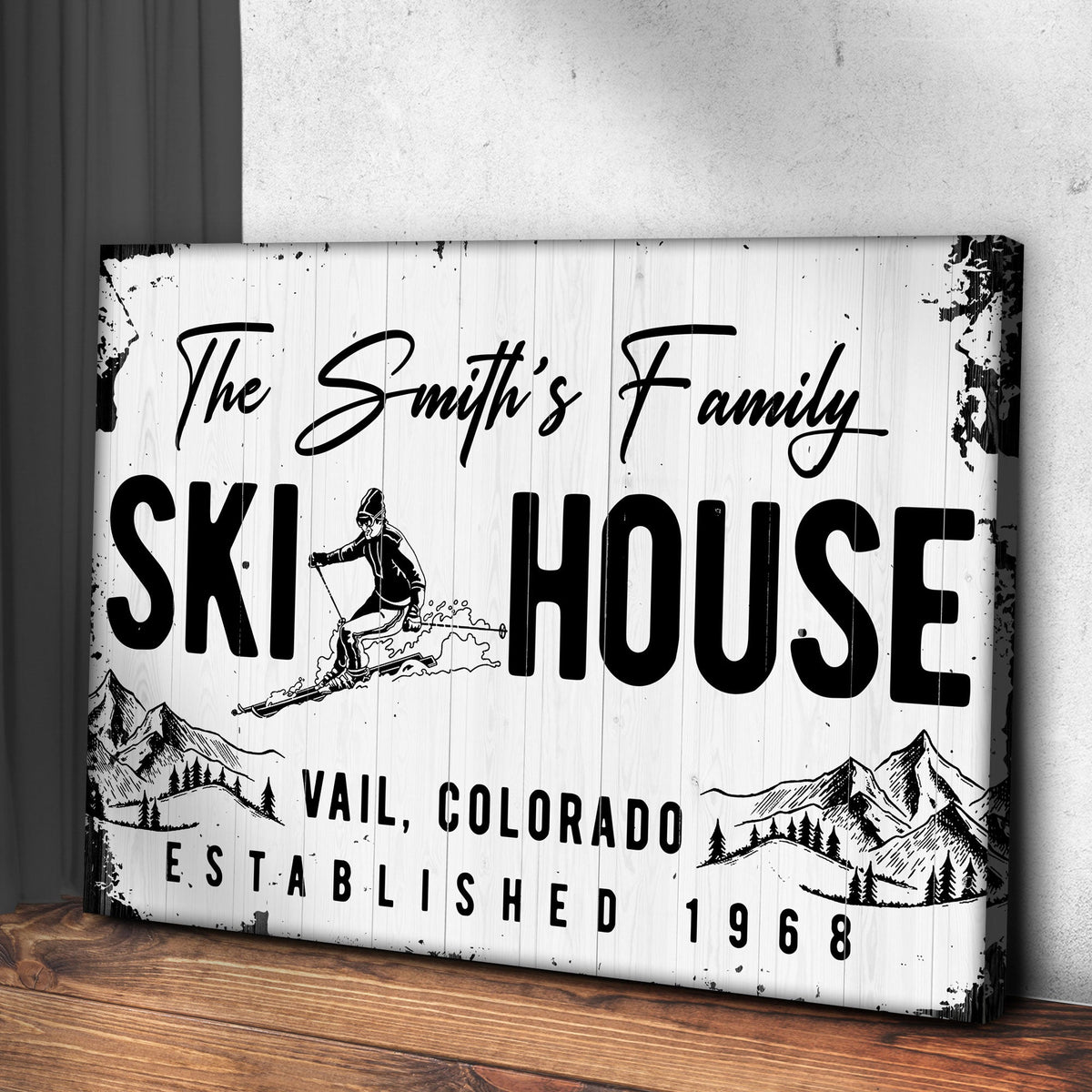 Ski House Sign canvas by Tailored Canvases, white woodgrain panel with bold black lettering on Tampa Home & Garden Store