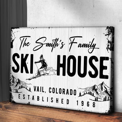 Ski House Sign canvas by Tailored Canvases, white woodgrain panel with bold black lettering on Tampa Home & Garden Store