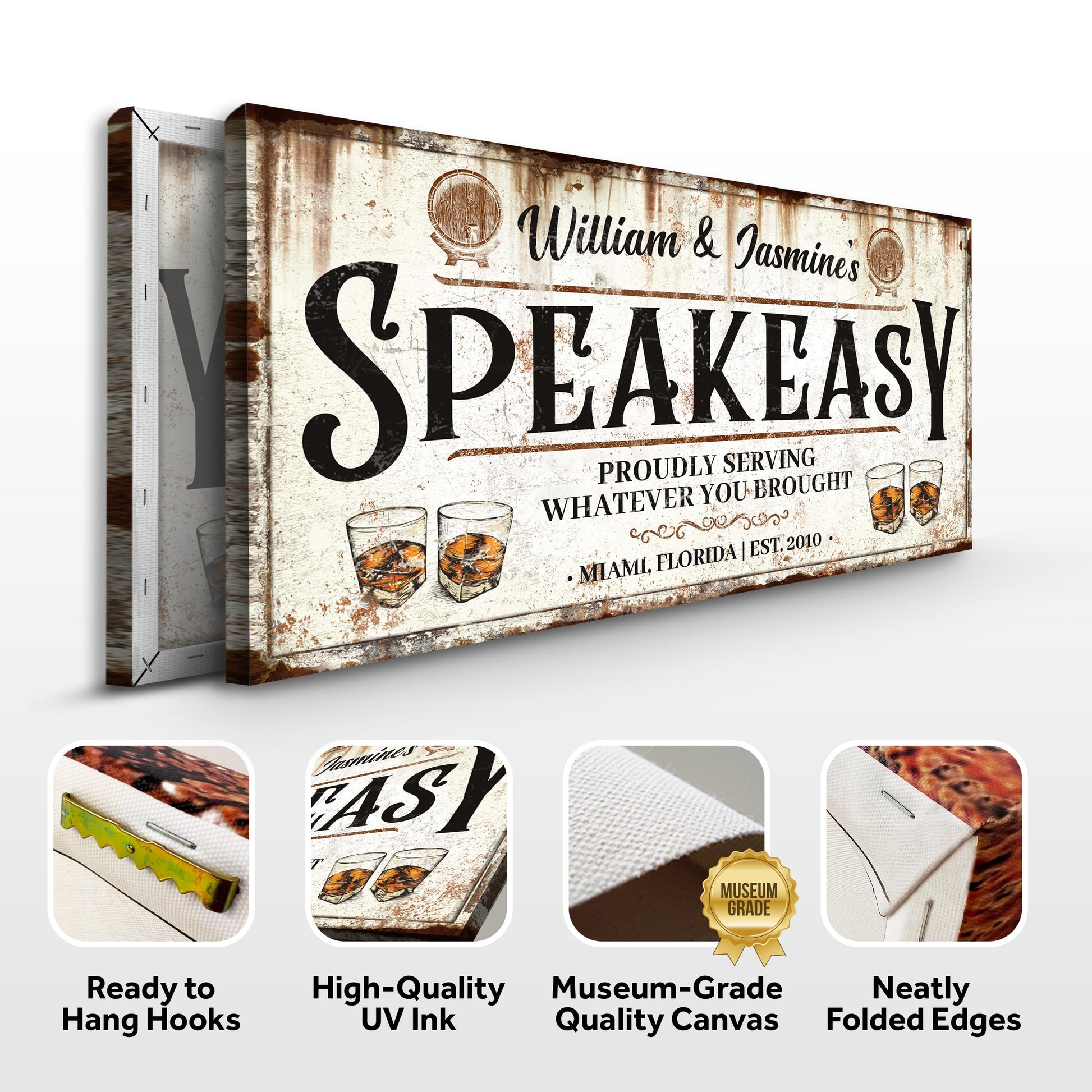 Speakeasy Sign V canvas by Tailored Canvases, weathered beige rusted sign with vintage font on Tampa Home & Garden Store