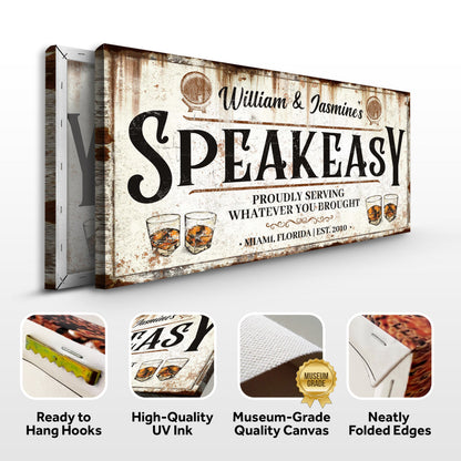 Speakeasy Sign V canvas by Tailored Canvases, weathered beige rusted sign with vintage font on Tampa Home & Garden Store