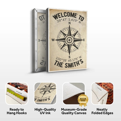 Welcome To Family Home Coordinates Canvas with vintage parchment and compass by Tailored Canvases on Tampa Home & Garden Store