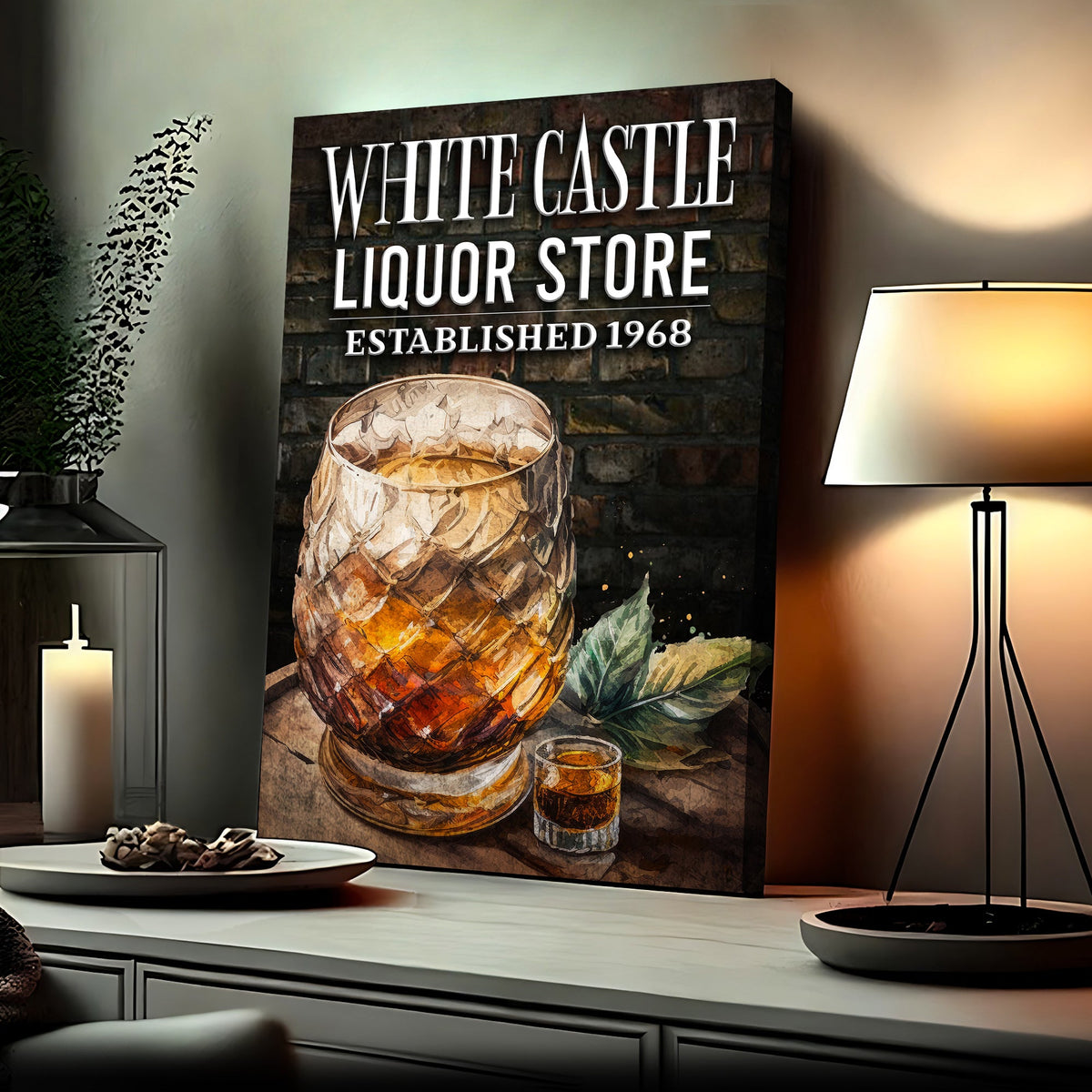 Liquor Store Sign III canvas by Tailored Canvases on brick backdrop with bold white lettering on Tampa Home & Garden Store