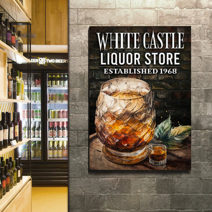 Liquor Store Sign III canvas by Tailored Canvases; black sign with bold lettering on Tampa Home & Garden Store