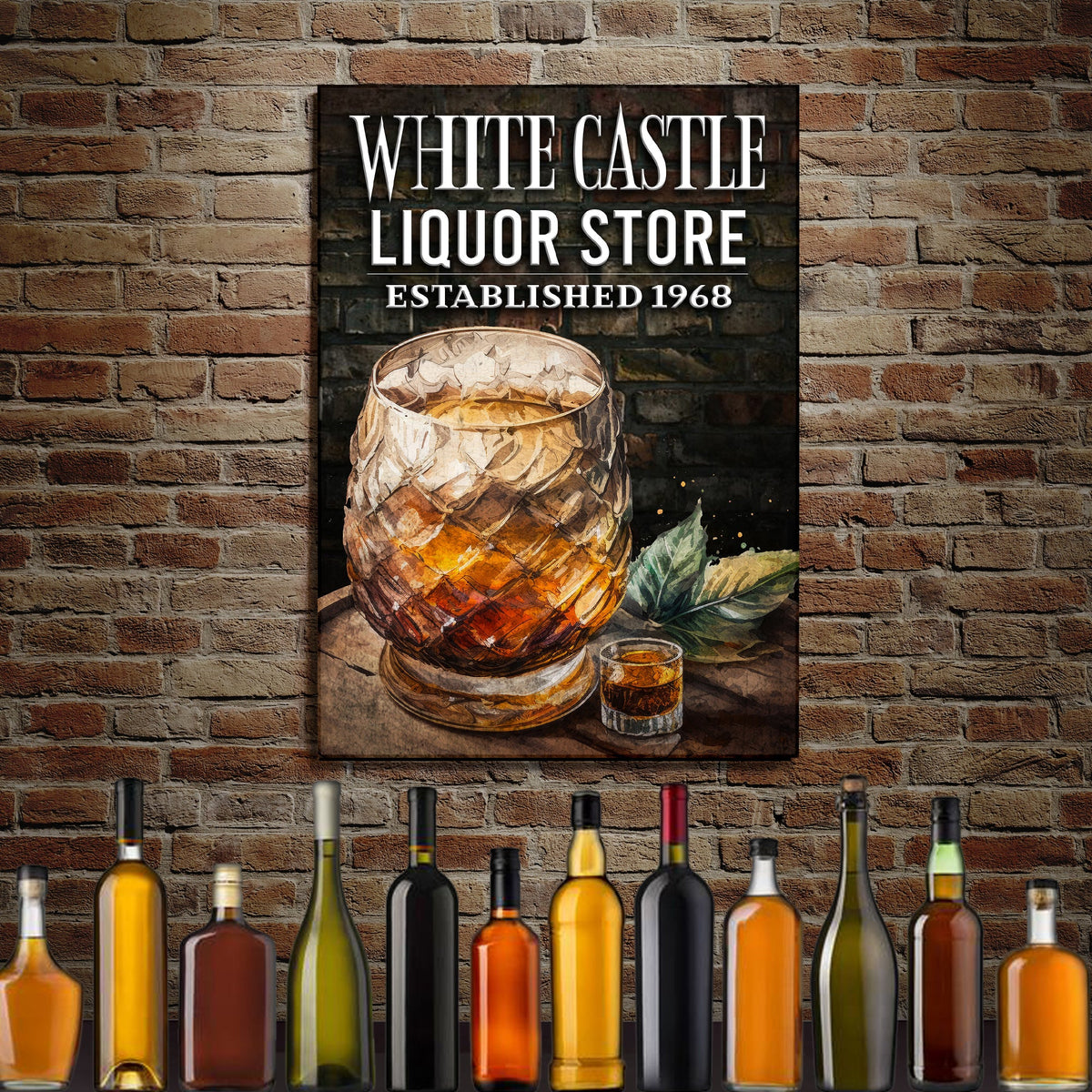 Liquor Store Sign III canvas; customizable wall art with White Castle Liquor Store on brick on Tampa Home & Garden Store