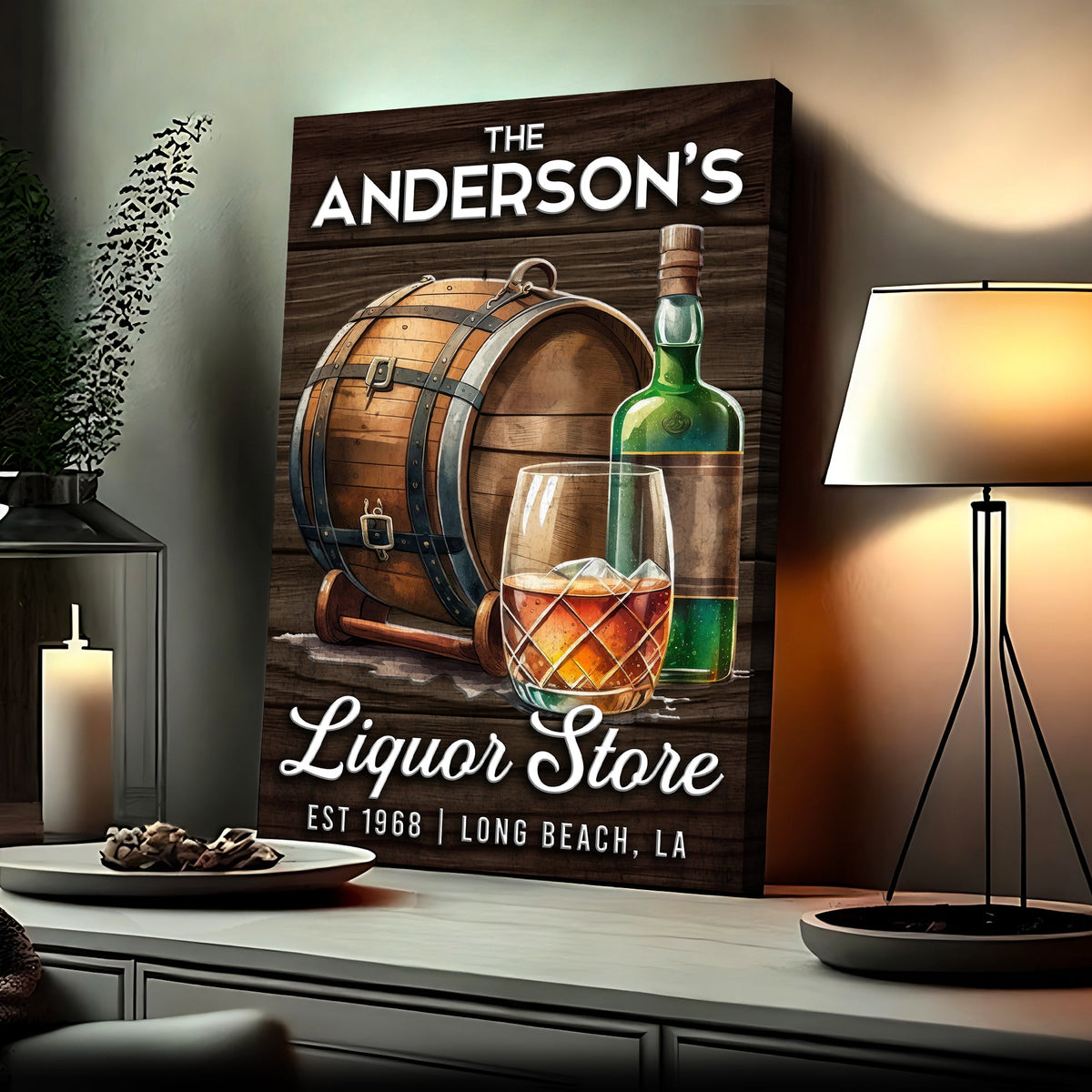 Liquor Store Sign V canvas by Tailored Canvases with barrel and bottle on wood backdrop on Tampa Home & Garden Store
