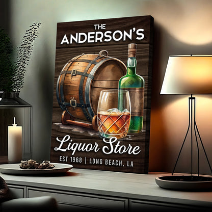 Liquor Store Sign V canvas by Tailored Canvases with barrel and bottle on wood backdrop on Tampa Home & Garden Store