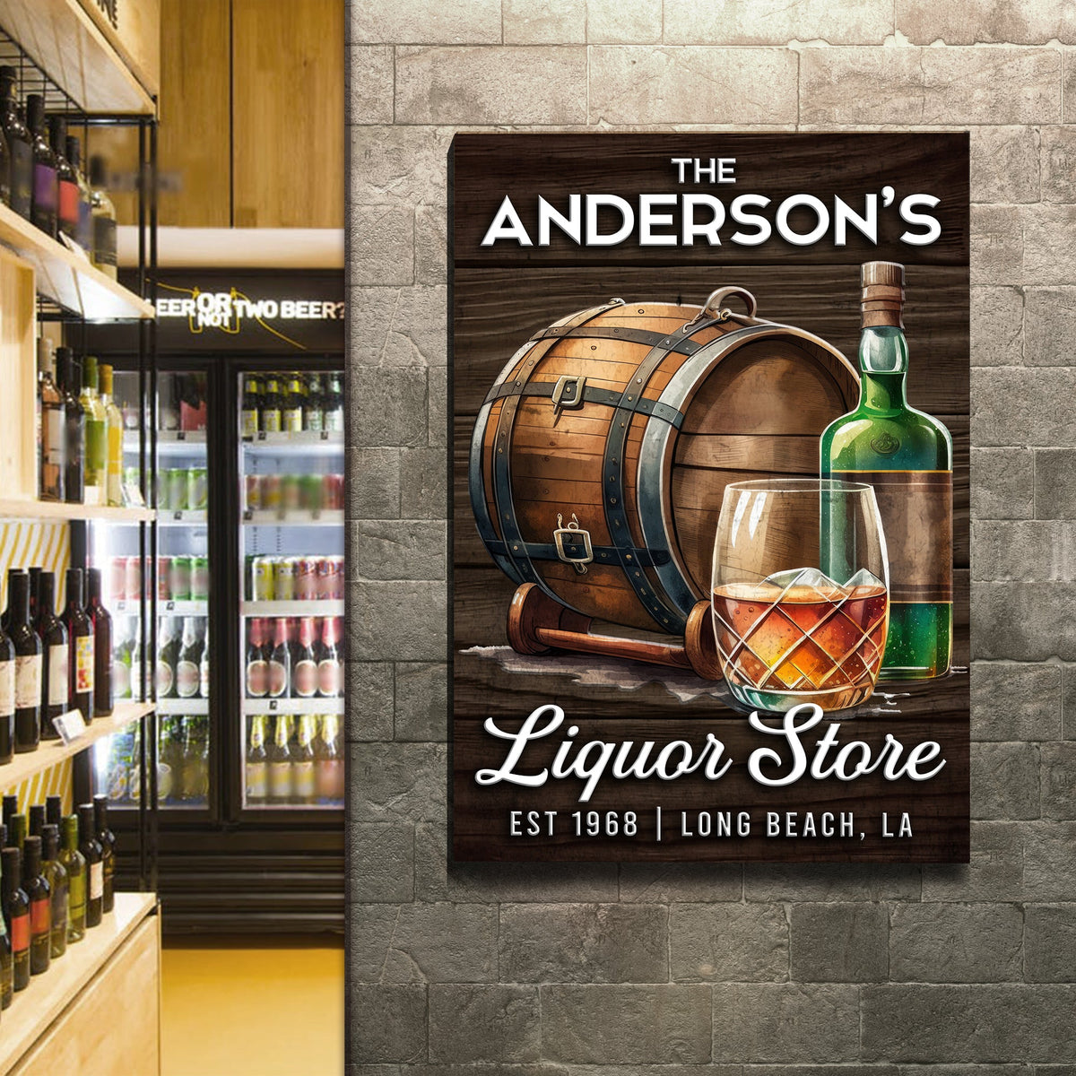 Liquor Store Sign V canvas with dark wood plank, barrel and whiskey bottle on a wall on Tampa Home & Garden Store