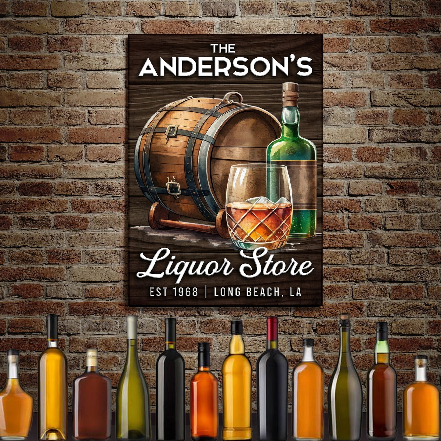 Liquor Store Sign V canvas with rustic wood panel, bottles and glass accents on Tampa Home & Garden Store
