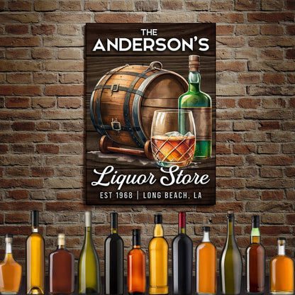 Liquor Store Sign V canvas with rustic wood panel, bottles and glass accents on Tampa Home & Garden Store