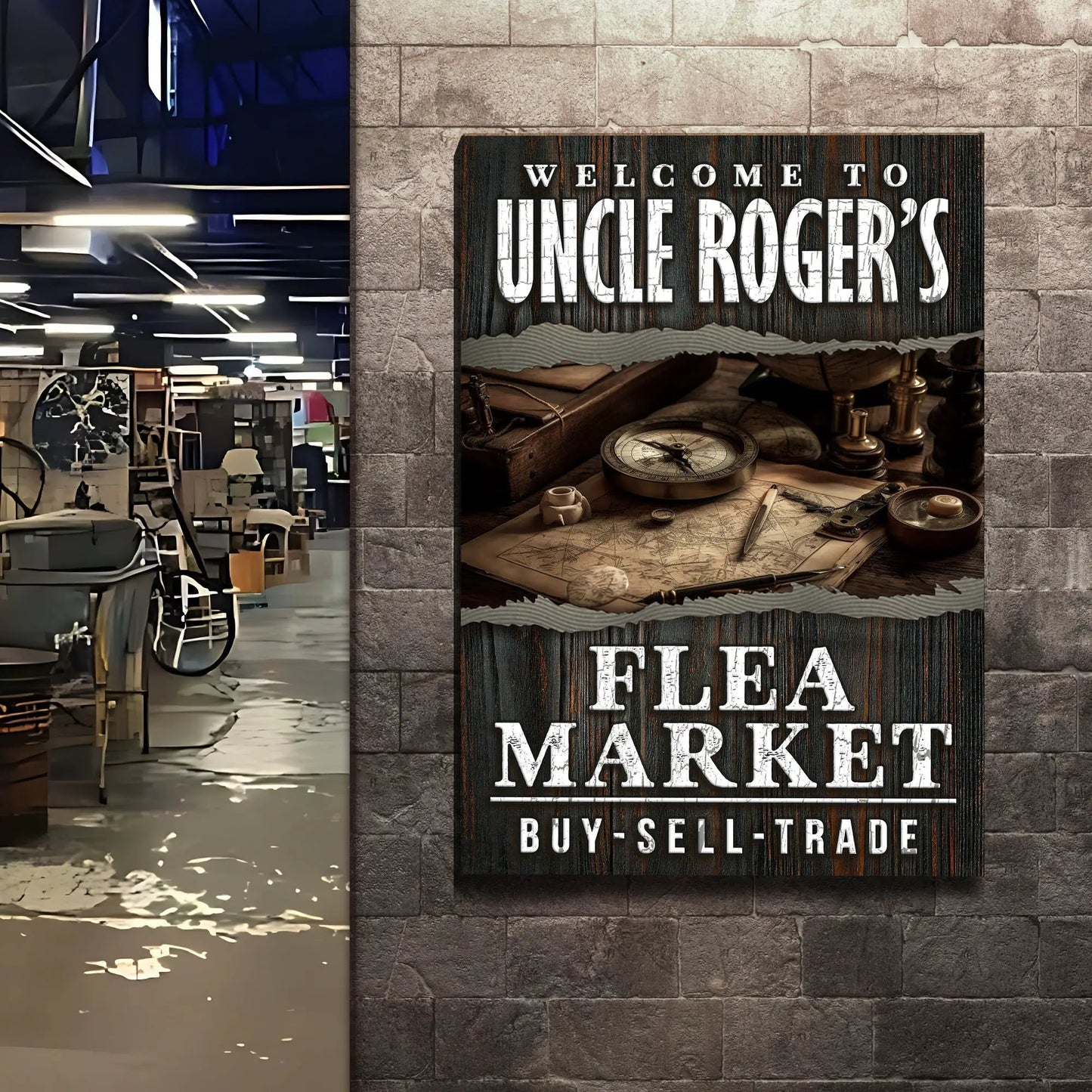 Canvas sign Welcome To Uncle Roger's Flea Market on rustic dark wood with white lettering on Tampa Home & Garden Store