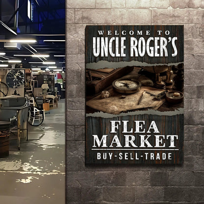 Canvas sign Welcome To Uncle Roger's Flea Market on rustic dark wood with white lettering on Tampa Home & Garden Store