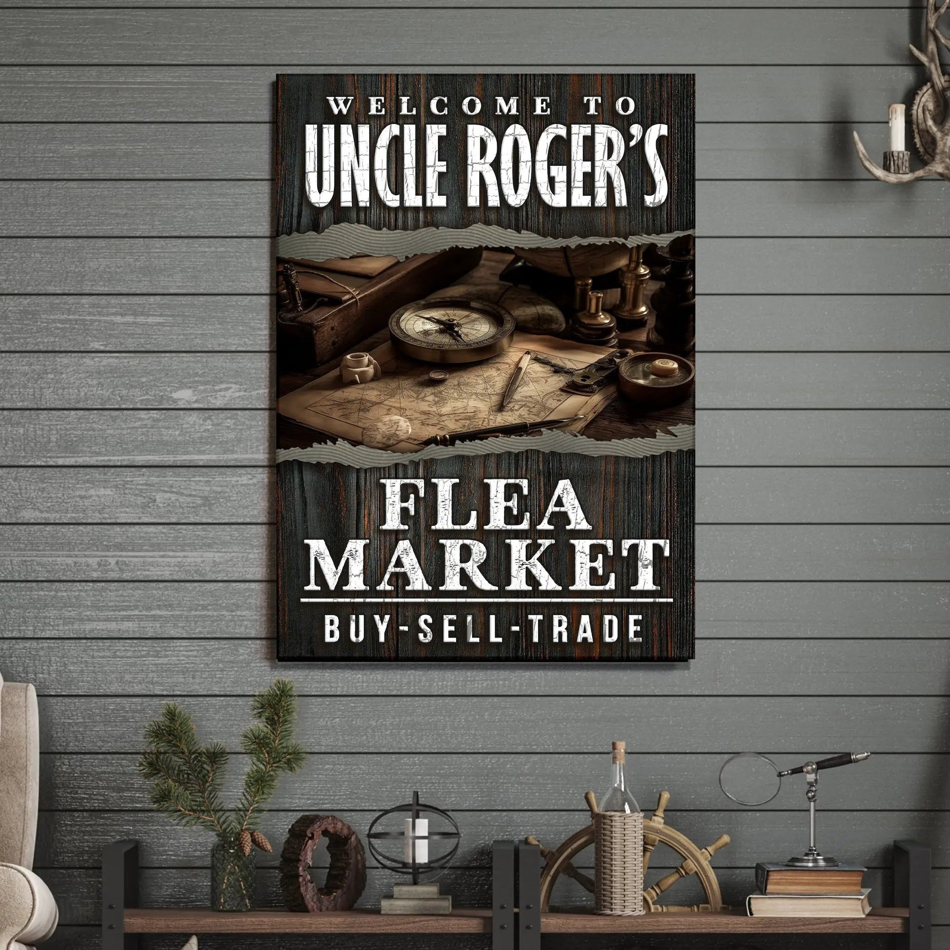 Canvas sign rustic wood panel with distressed white text Welcome To Uncle Roger's Flea Market on Tampa Home & Garden Store