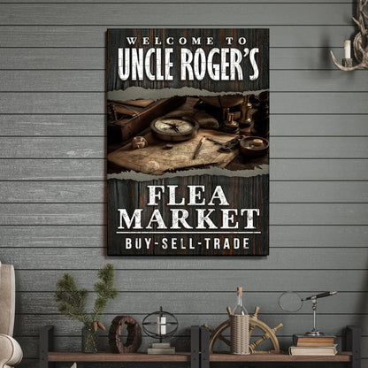 Canvas sign rustic wood panel with distressed white text Welcome To Uncle Roger's Flea Market on Tampa Home & Garden Store