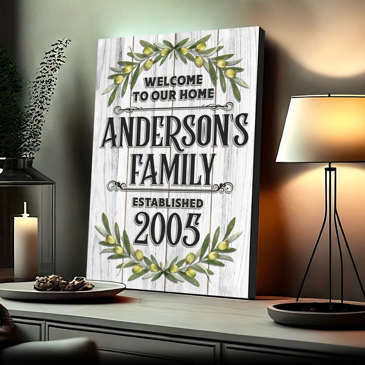 Home Established Sign canvas by Tailored Canvases with whitewashed wood and olive wreath accents on Tampa Home & Garden Store