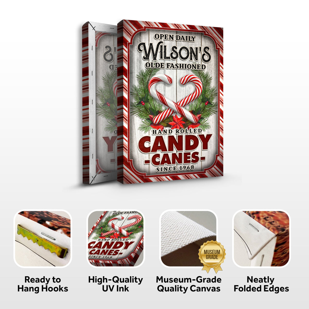 Olde Fashioned Hand Rolled Candy Canes Sign canvas by Tailored Canvases with red striped border on Tampa Home & Garden Store