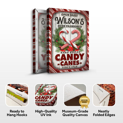 Olde Fashioned Hand Rolled Candy Canes Sign canvas by Tailored Canvases with red striped border on Tampa Home & Garden Store