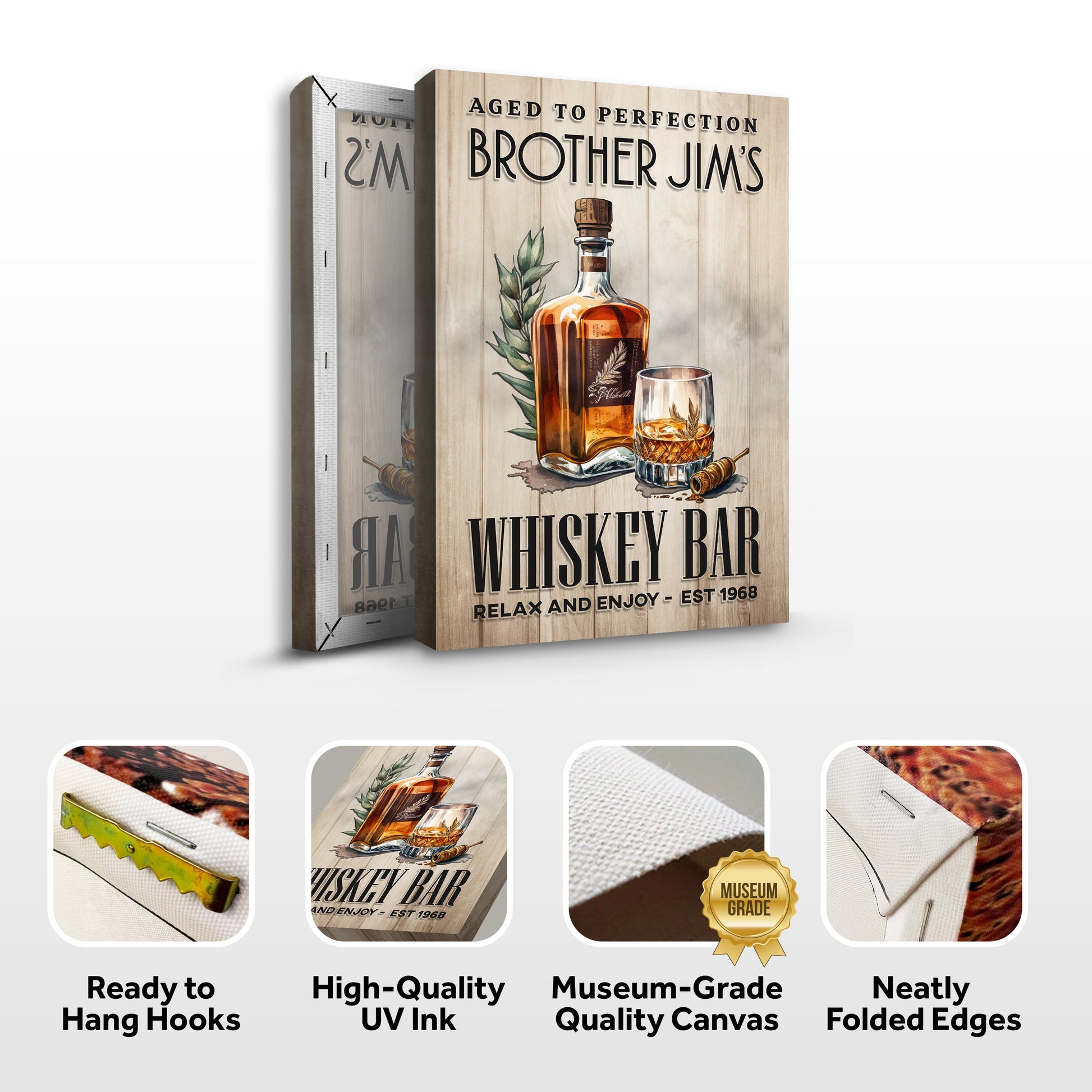 Aged To Perfection Whiskey Bar Sign canvas with whiskey bottle on wood planks Tailored Canvases on Tampa Home & Garden Store