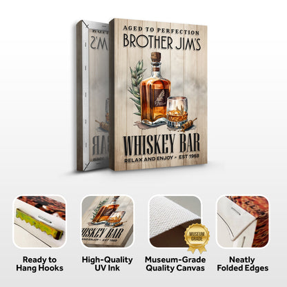 Aged To Perfection Whiskey Bar Sign canvas with whiskey bottle on wood planks Tailored Canvases on Tampa Home & Garden Store