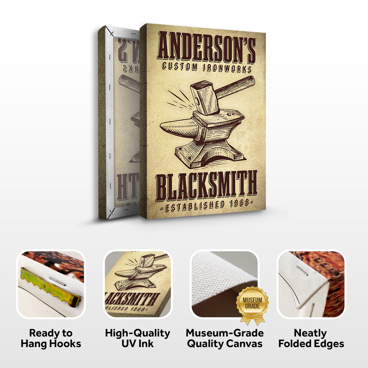 Canvas print Custom Ironworks Blacksmith Sign by Tailored Canvases in vintage brown tones on Tampa Home & Garden Store