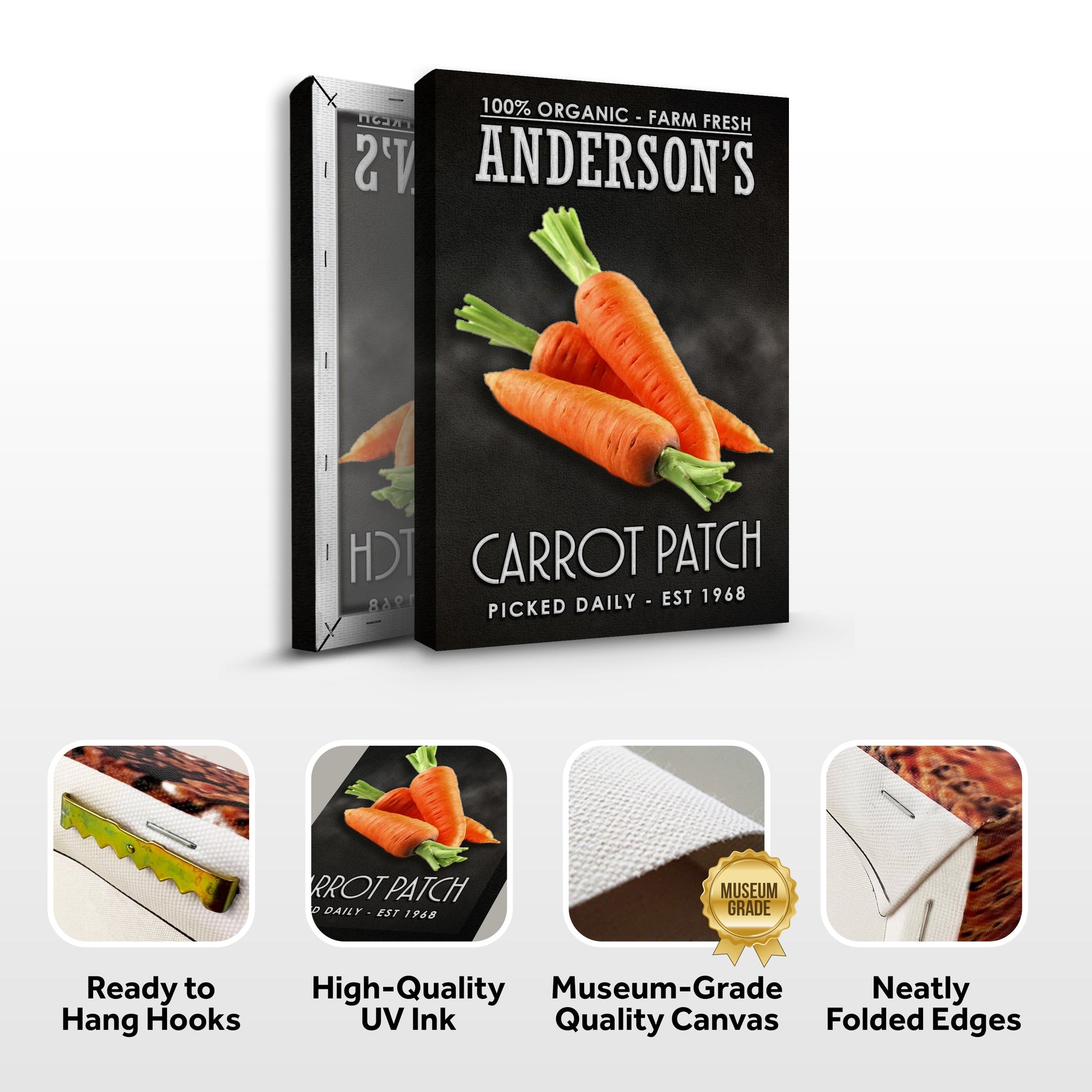 Carrot Patch Sign Canvas by Tailored Canvases, black with orange carrots, Anderson's branding on Tampa Home & Garden Store